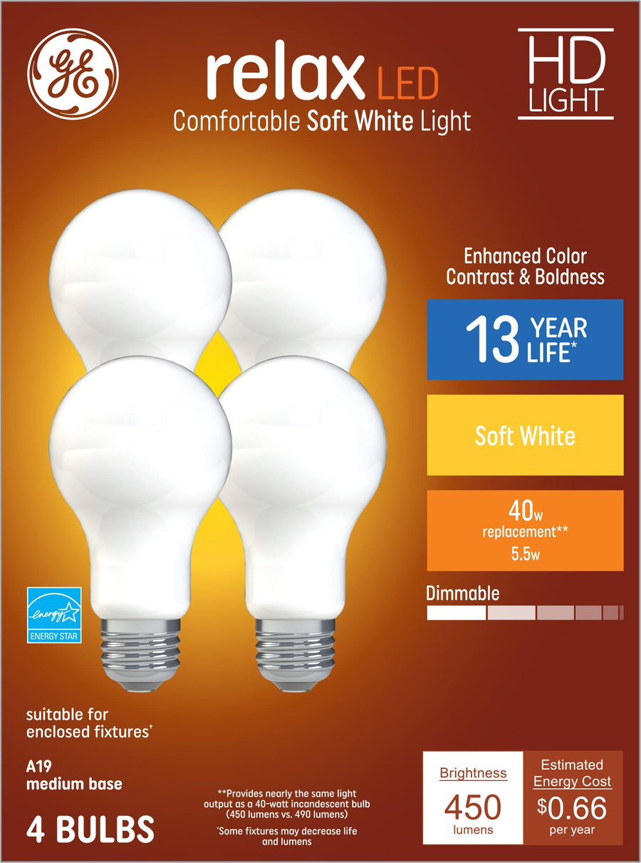 GE Relax 4-Pack 40 W Equivalent Dimmable Soft White A19 LED Light Fixture Light Bulbs