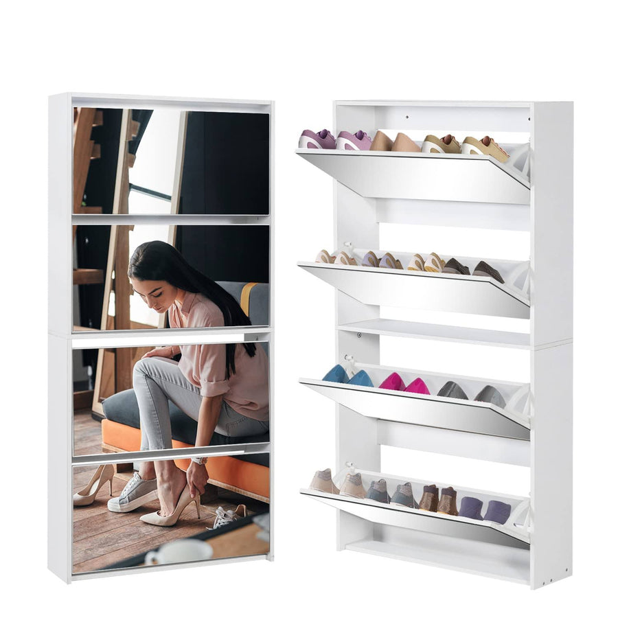Shoe Storage Cabinet for Entryway Slim, White Wood Shoe Rack Organizer with 4 Flip Mirror Drawers, Freestanding Modern Narrow Shoes Storage Cabinet,