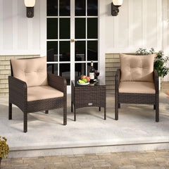 Tangkula 3 Piece Patio Bistro Set Rattan Wicker Outdoor Conversation Set with Cushions and Coffee Table