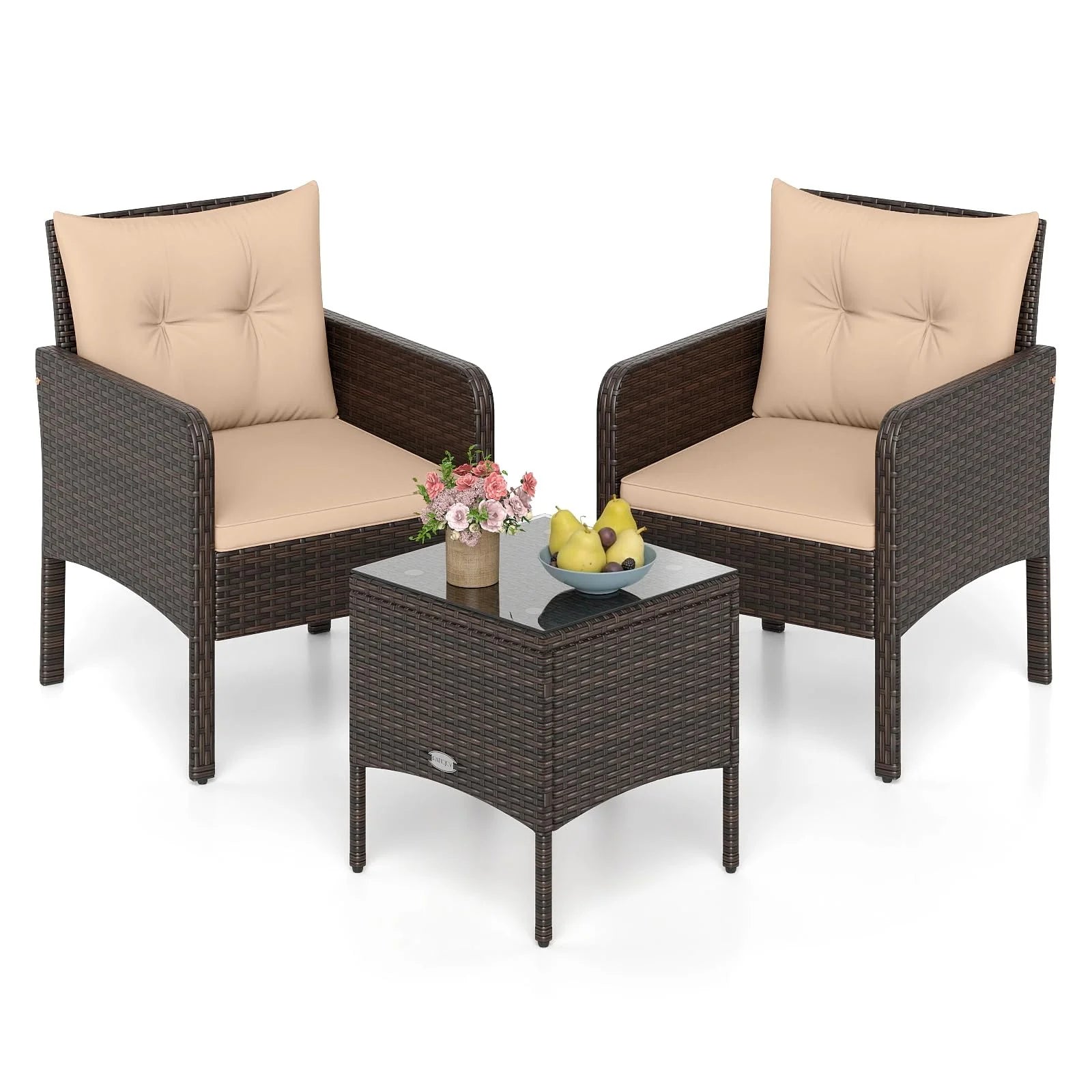 Tangkula 3 Piece Patio Bistro Set Rattan Wicker Outdoor Conversation Set with Cushions and Coffee Table