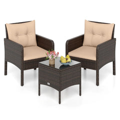 Tangkula 3 Piece Patio Bistro Set Rattan Wicker Outdoor Conversation Set with Cushions and Coffee Table