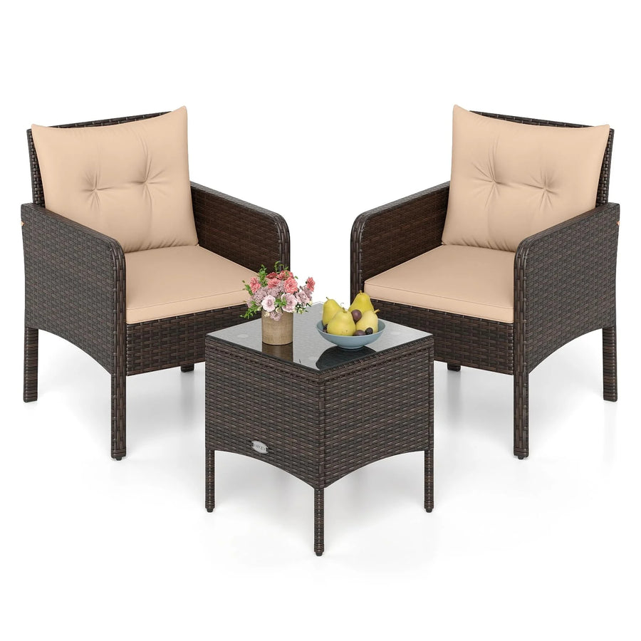 Tangkula 3 Piece Patio Bistro Set Rattan Wicker Outdoor Conversation Set with Cushions and Coffee Table